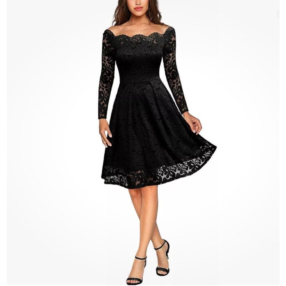 Missmay Retro Lace Off Shoulder Midi Dress XS Black Midi 50s